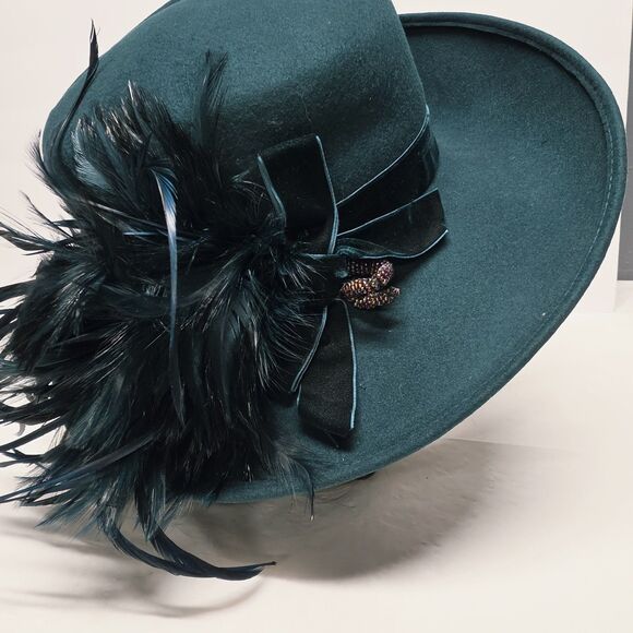 Vintage Plaza Suite NY Teal Wool Formal Hat Feathers Accent Church Evening Derby main image 9
